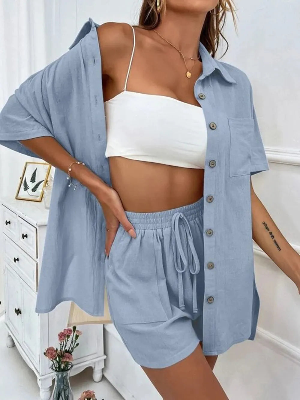 Button Up Shirt and Drawstring Shorts Set - CHIC TB