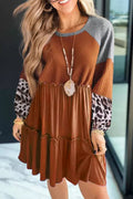 Brown Waffle Knit Leopard Patchwork Long Sleeve Dress Dear-Lover Dropshipping