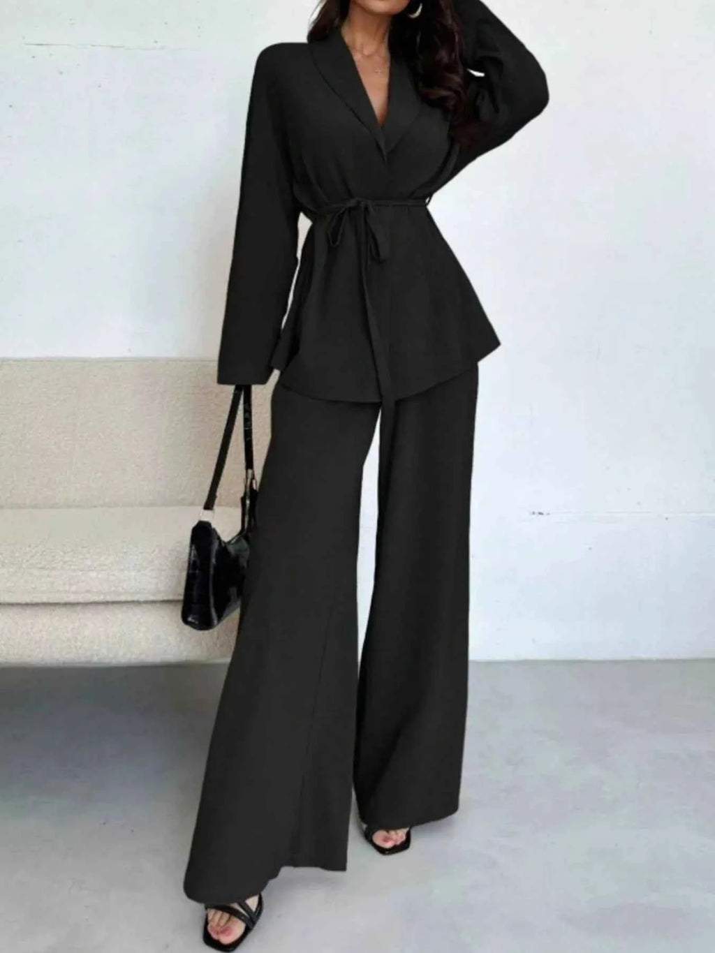 Front Tied Shirt and Wide-Leg Pants Set