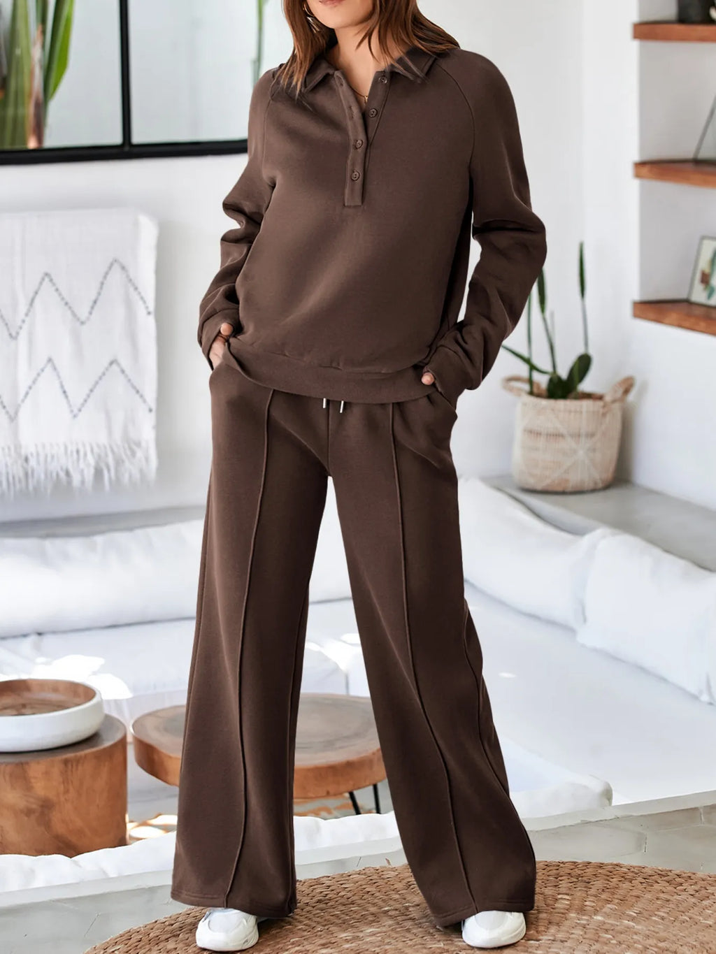Collared Sweatshirt and High Waist Pants Active Set.