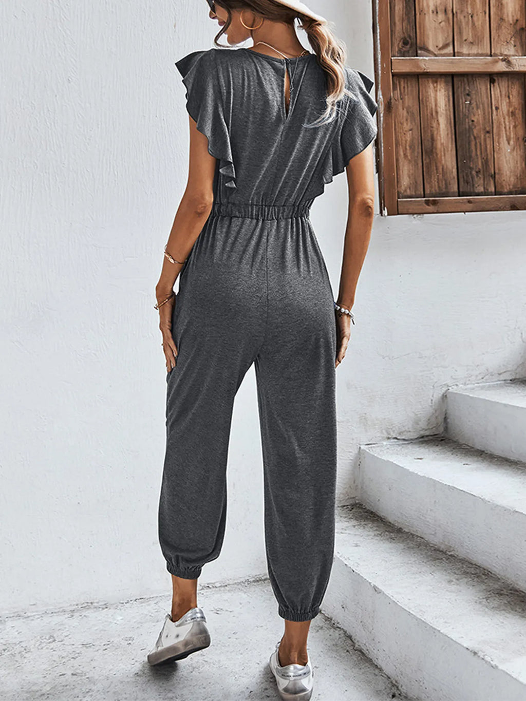 Flutter Sleeve Elastic Waist Jumpsuit.