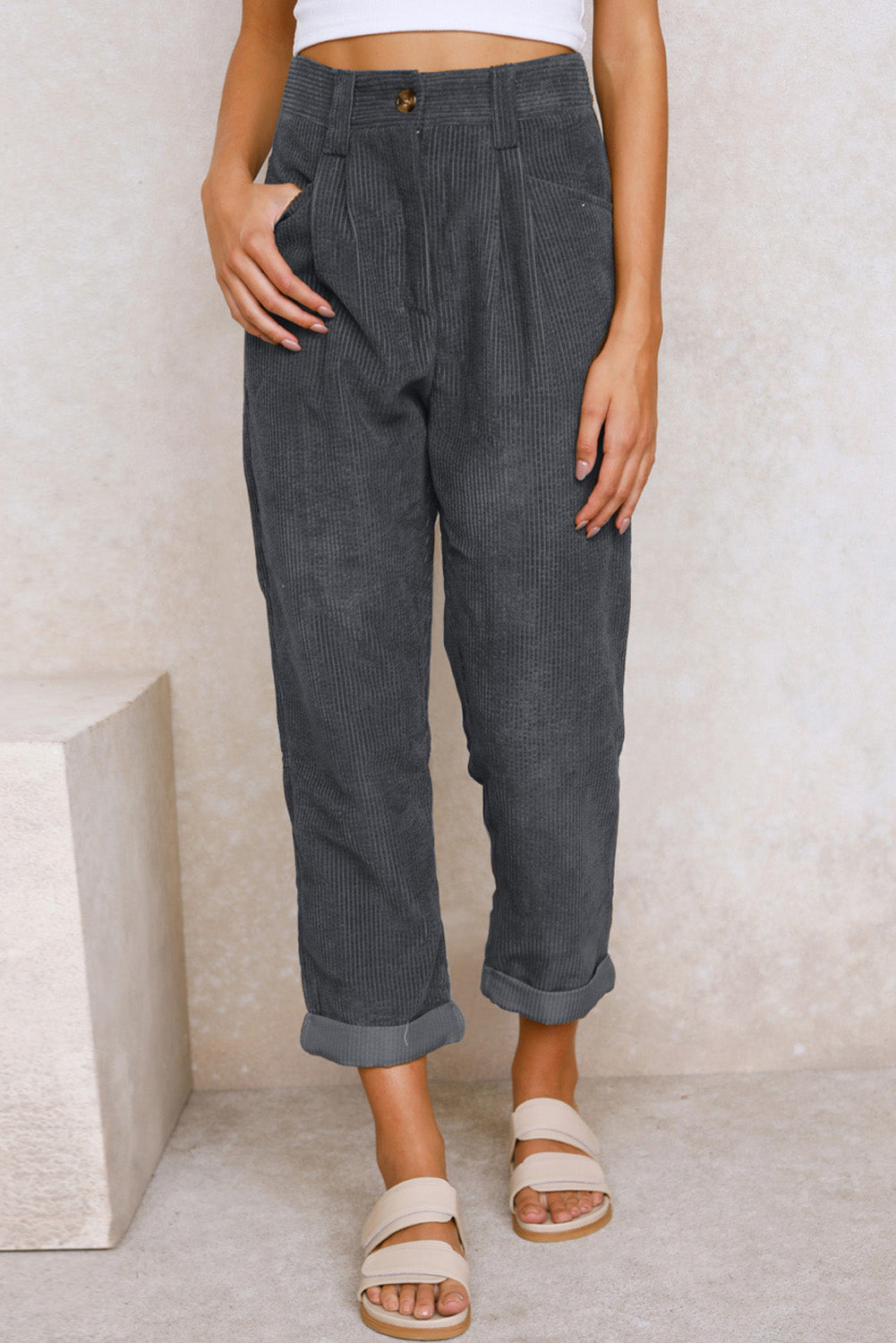 Gray Corduroy High Waist Straight Leg Pants Dear-Lover Dropshipping