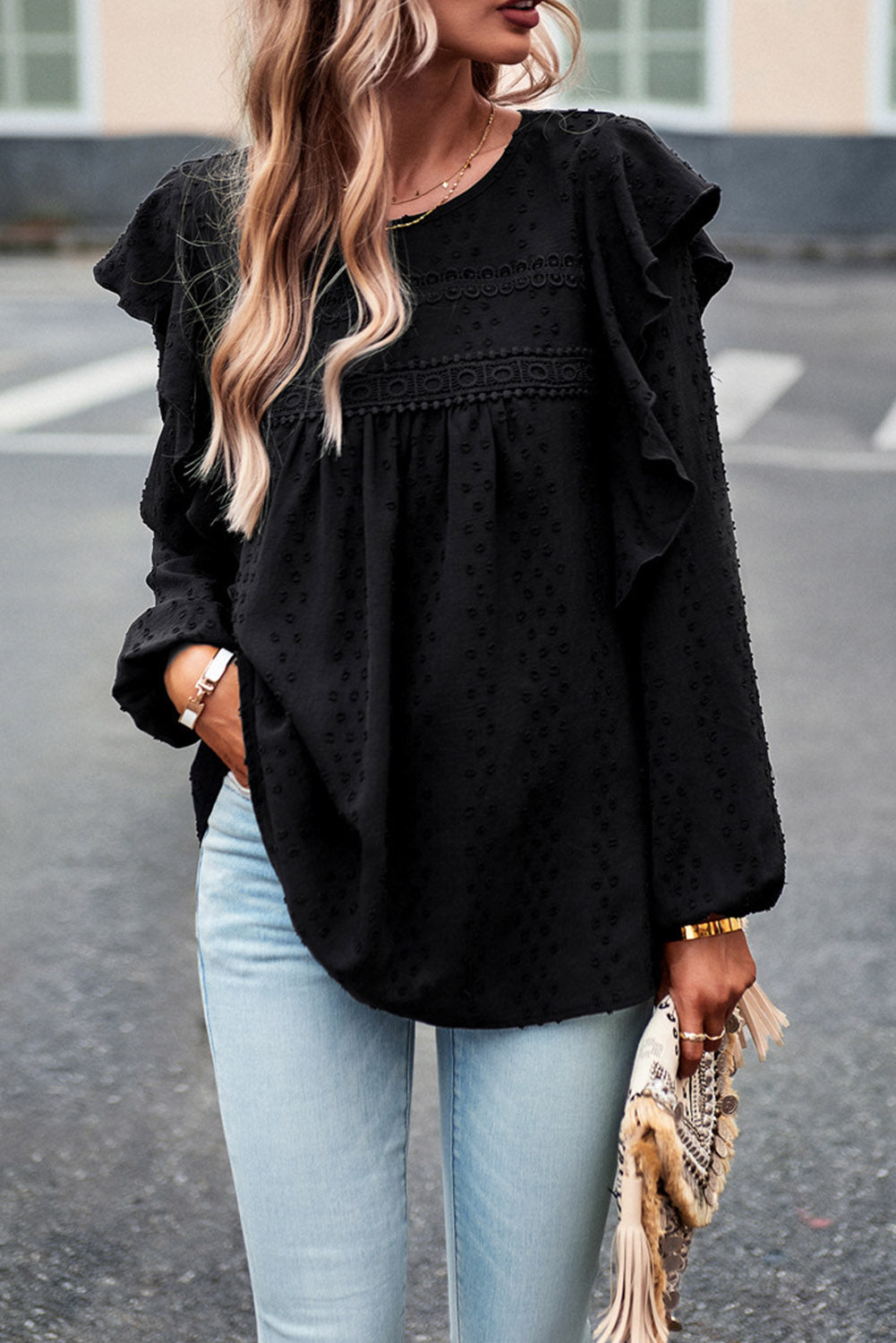 Black Lace Eyelet Ruffle Shoulder Long Sleeve Blouse Dear-Lover Dropshipping