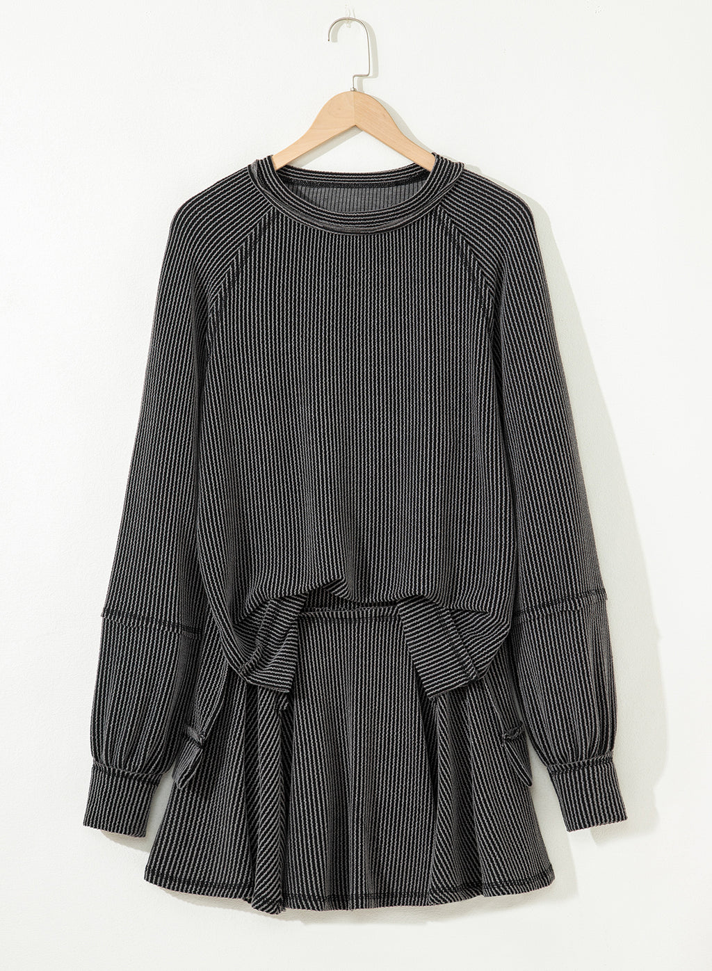 Dark Grey Corded Lantern Sleeve Top High Waist Ruffled Mini Skirt Set Dear-Lover Dropshipping