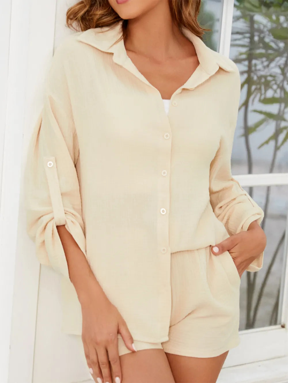 Button Up Long Sleeve Top and Shorts Set - CHIC TB