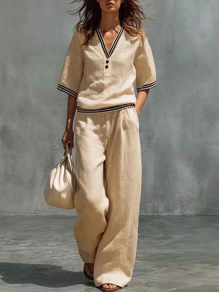 Cotton-Linen V-Neck Casual Comfortable Short-Sleeve Shirt And Pants Set