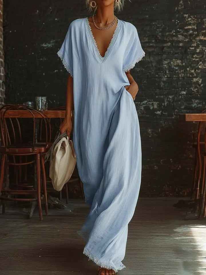 European And American Style Casual Elegant Comfortable Lace-trimmed Loose Linen Cotton Long Dress