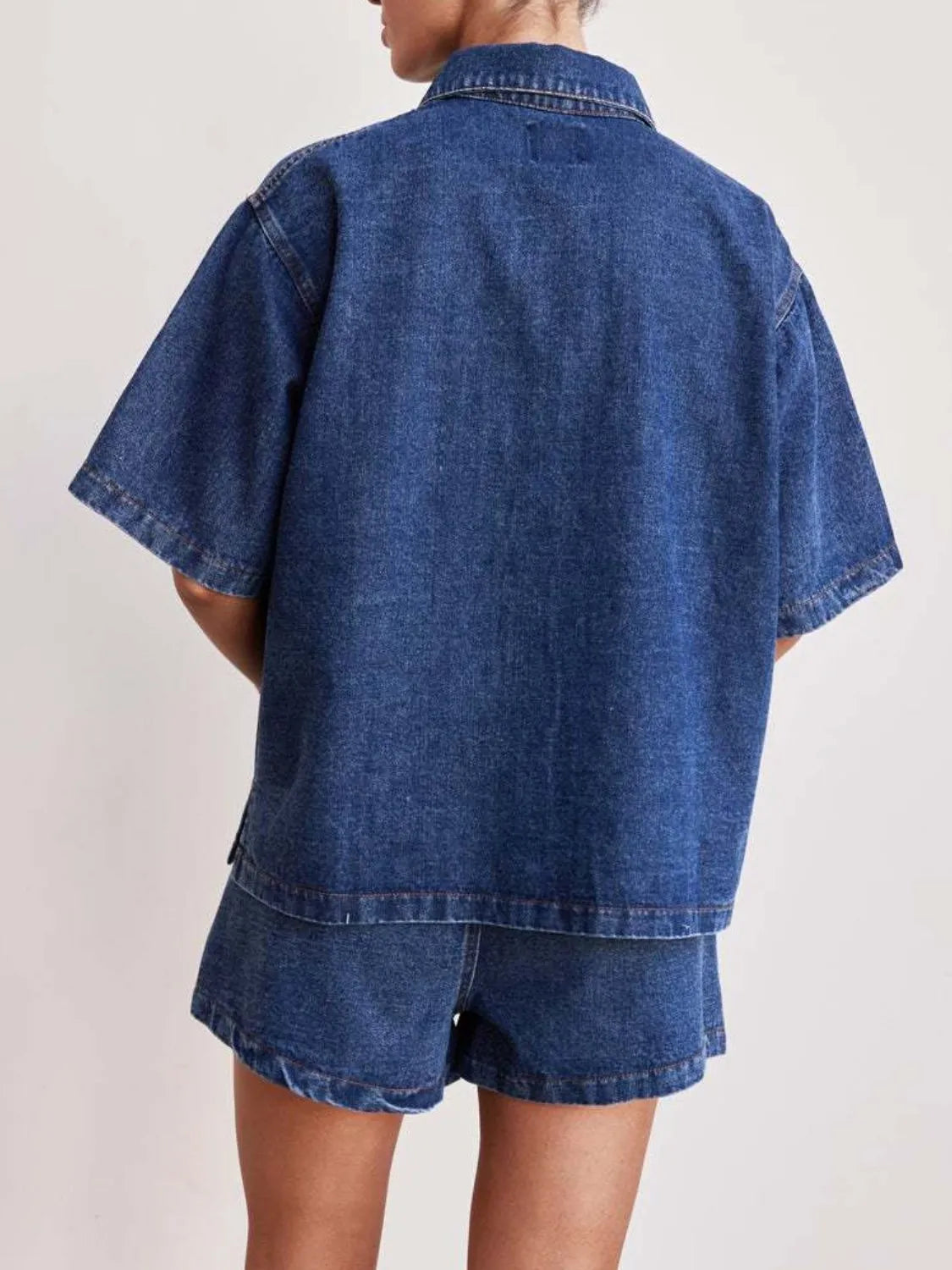 Button Up Short Sleeve Top and Shorts Denim Set.