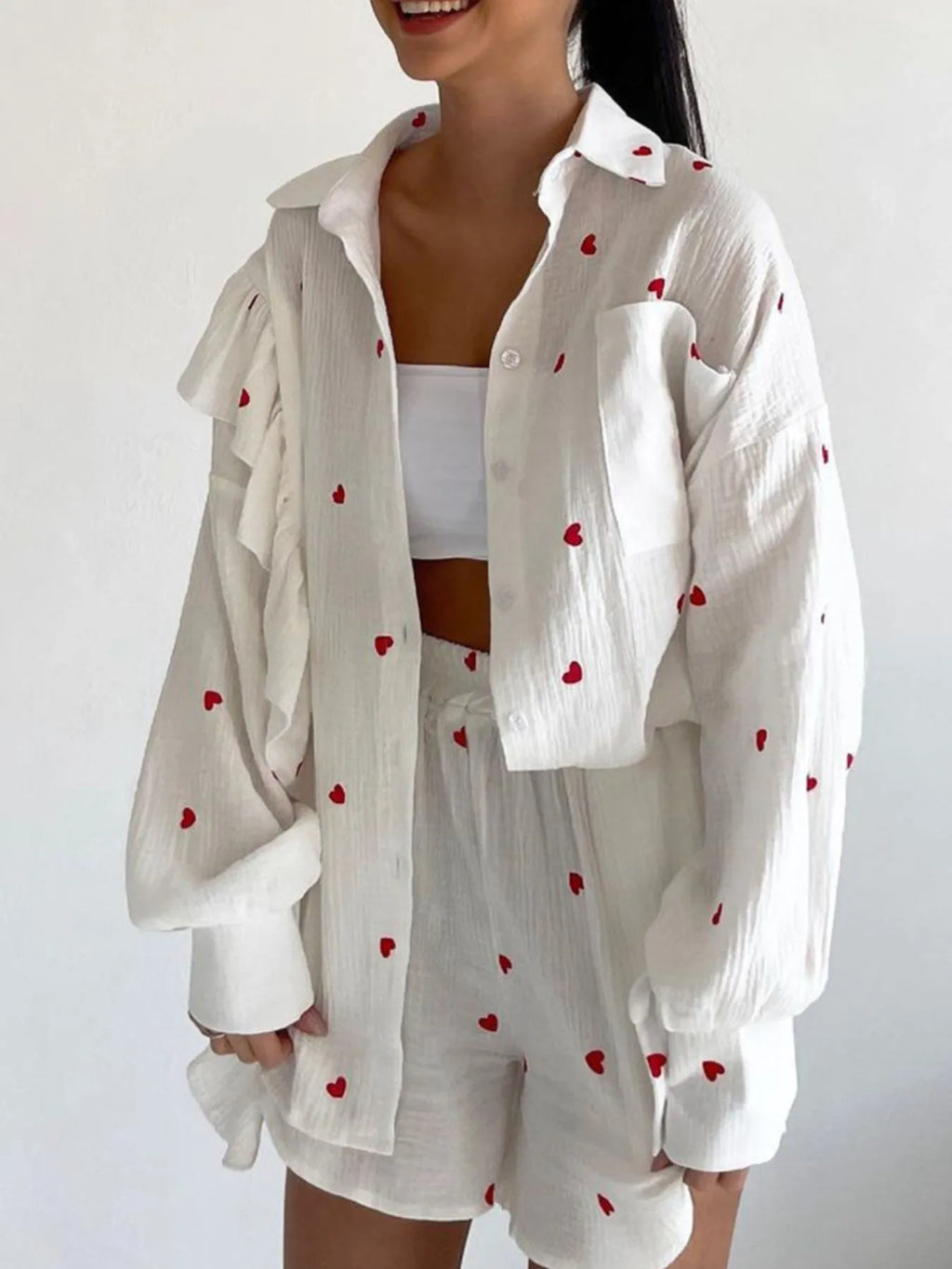 Colorful Heart Print Shirt and Shorts Set.