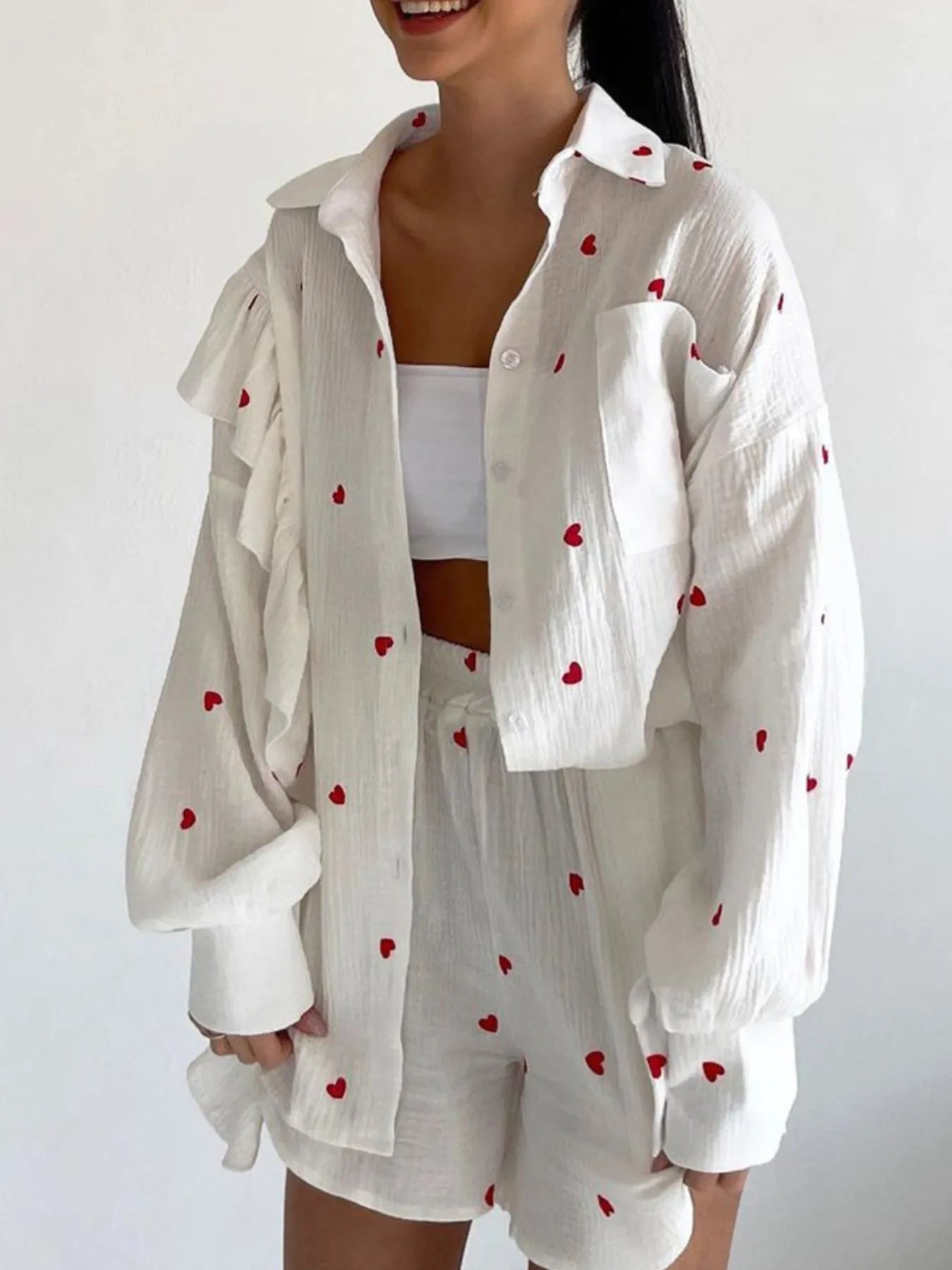Colorful Heart Print Shirt and Shorts Set.