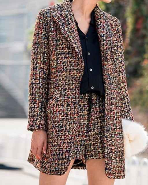 Runway Tweed Set Turn-Down Collar multicolor Plaid Long Coat and short pant Set for Women 2 piece shorts Set