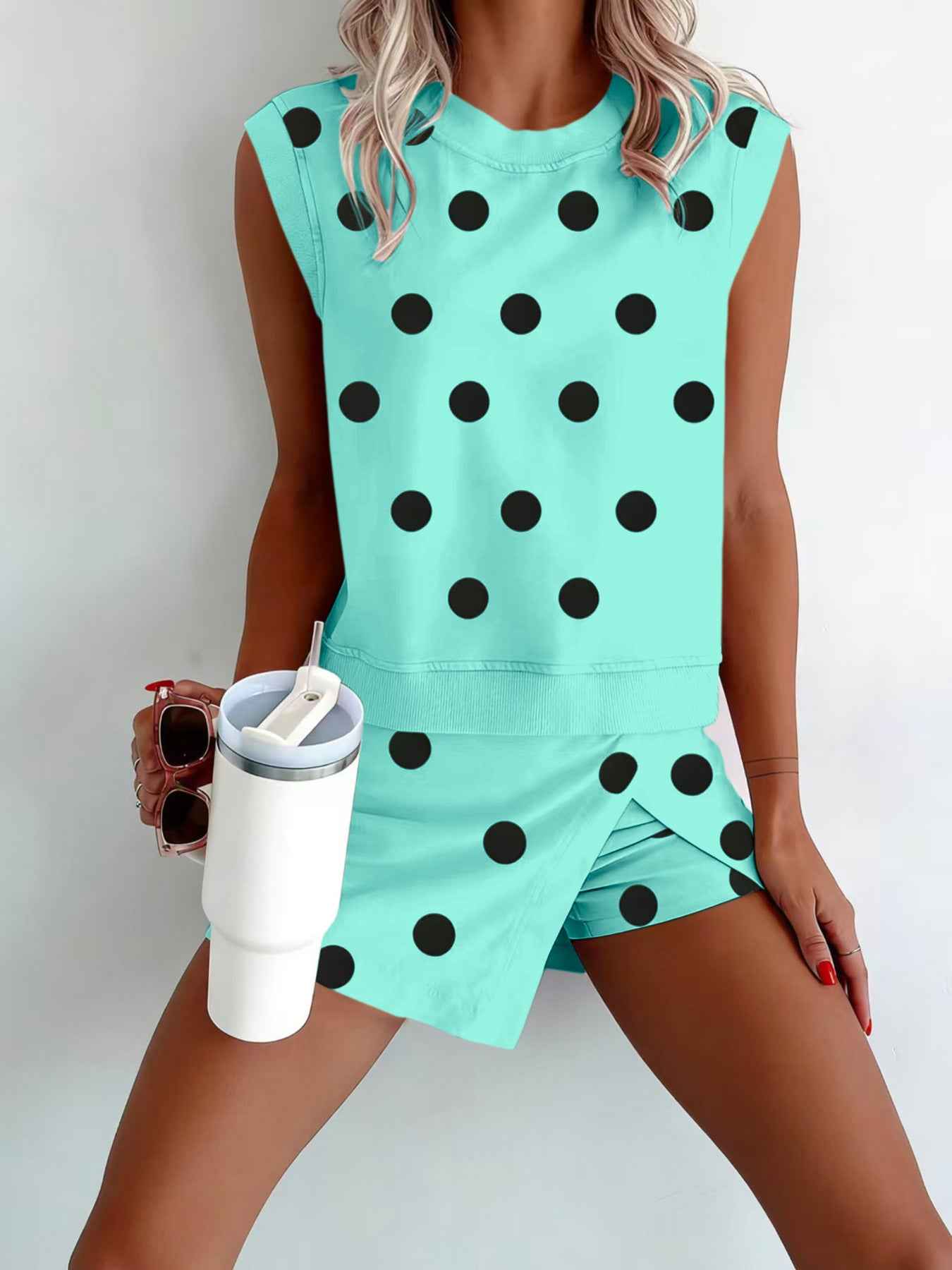 Casual Polka-Dot Sleeveless Tank Top Two-Piece Set
