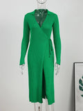Women's V-neck Split Knitting Wrap Dress Lace Up Ribbed Polo Collar Sexy Party Dresses For Women Green Long Robe Autumn Elegant eprolo