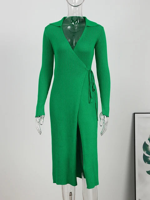 Women's V-neck Split Knitting Wrap Dress Lace Up Ribbed Polo Collar Sexy Party Dresses For Women Green Long Robe Autumn Elegant eprolo