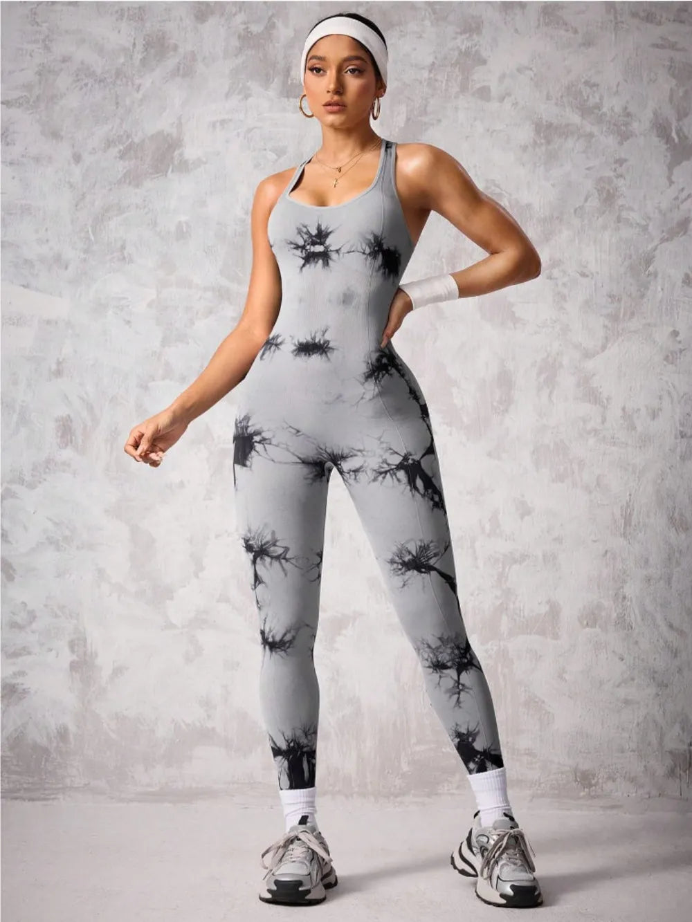 Back Crisscross Tie-Dye Scoop Neck Active Jumpsuit.