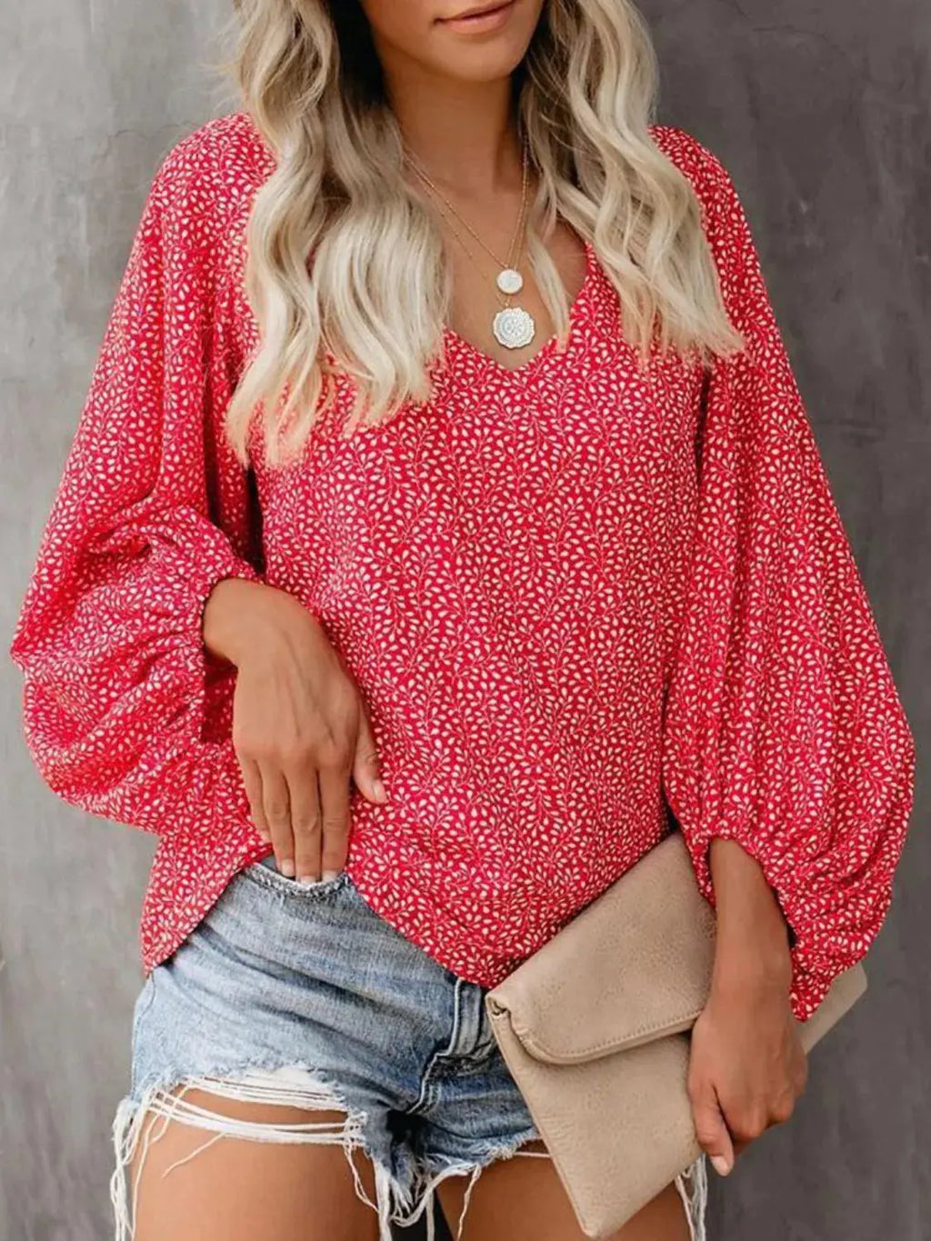 Printed V-Neck Long Sleeve Blouse.