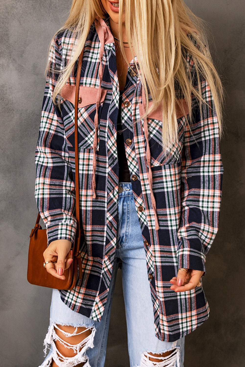 Pink Contrast Hooded Drawstring Plaid Shacket Dear-Lover Dropshipping