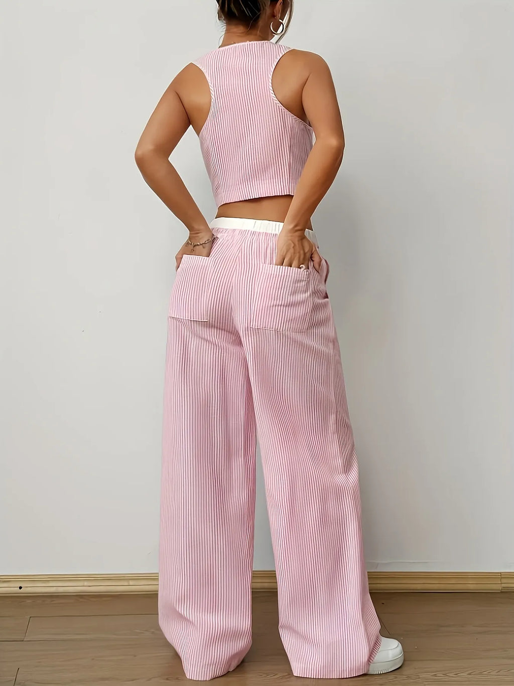 Striped Vest Top and Wide Leg Pants Two-Piece Set.