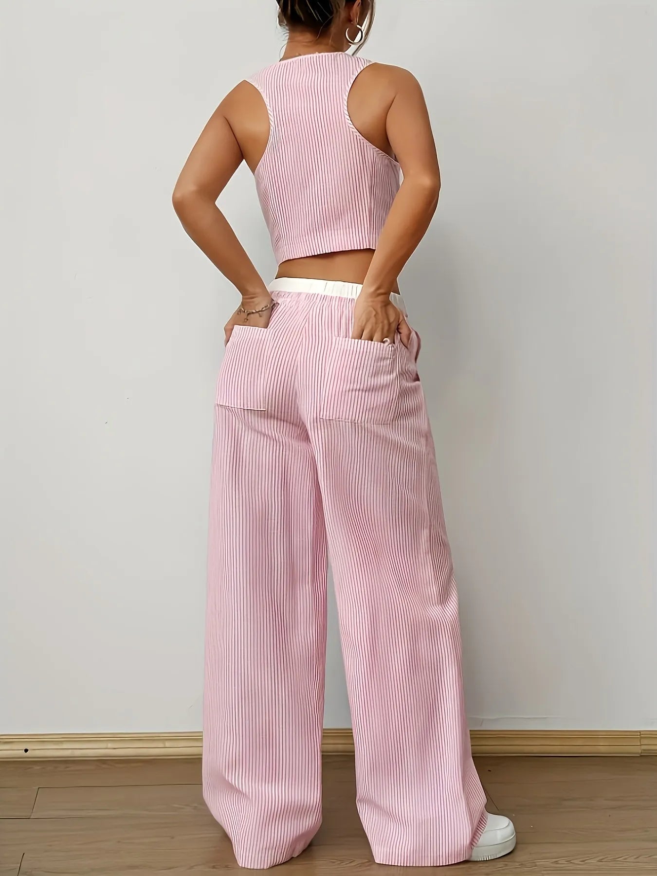 Striped Vest Top and Wide Leg Pants Two-Piece Set.