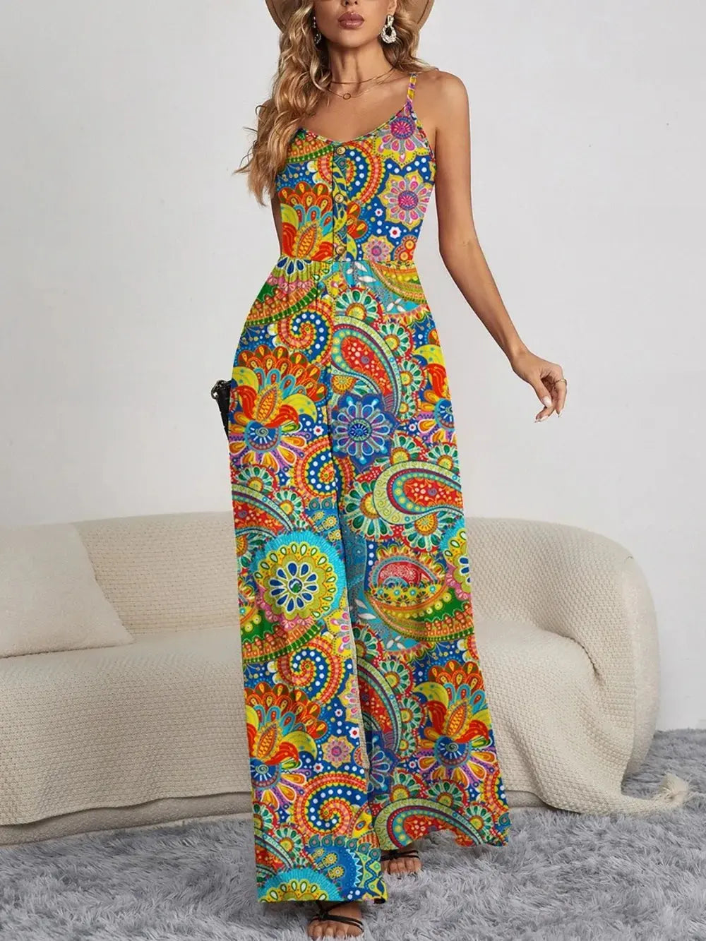 FAM-FAM Decorative Button Spaghetti Strap Wide Leg Jumpsuit.