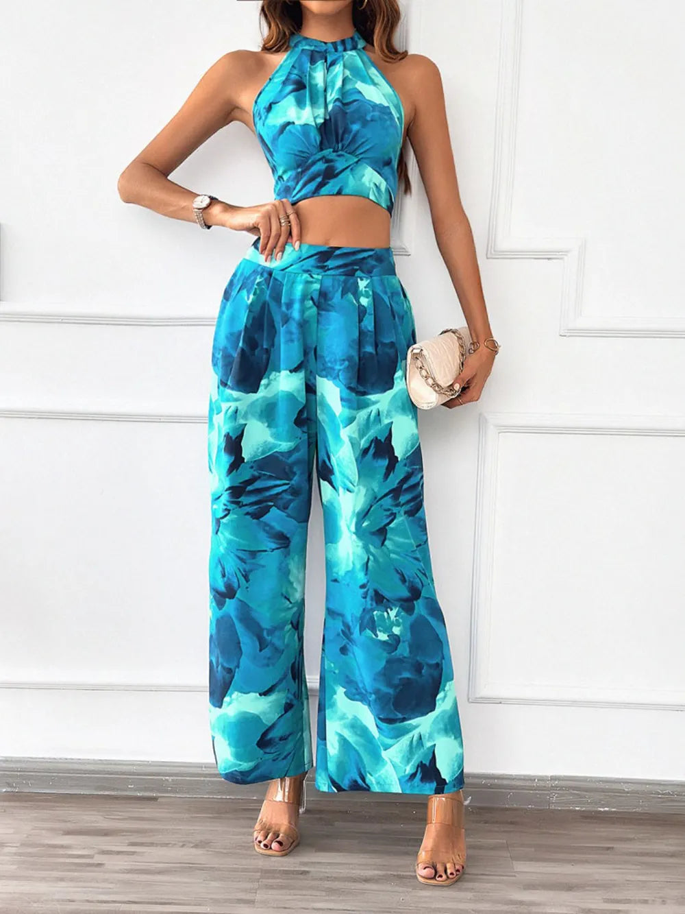 Devine Printed Halter Neck Top and Pants Set - CHIC TB