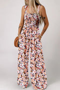 Floral Print Smocked High Waist Square Neck Jumpsuit.