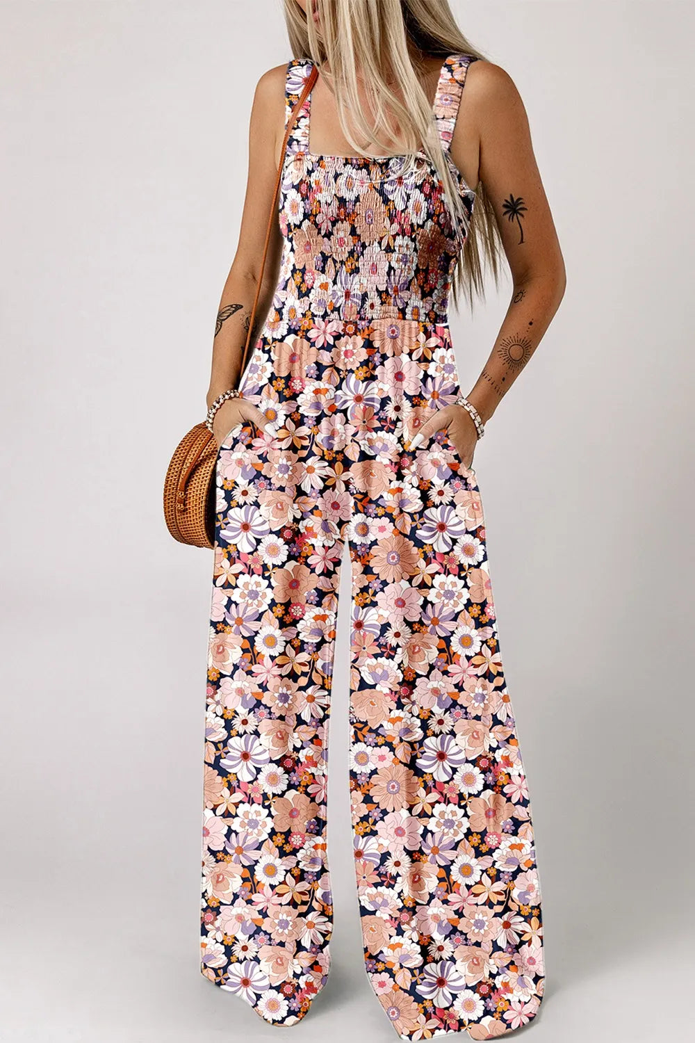 Floral Print Smocked High Waist Square Neck Jumpsuit.