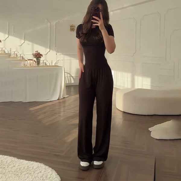Fashionable Style Round Neck Solid Color Wide Leg Pants Elegant Commute Fashion Set
