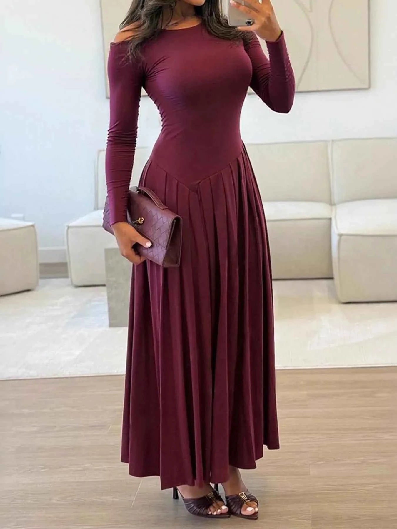 Ruched One Shoulder Long Sleeve Dress