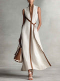 Color Block Sleeveless Stand Collar Linen Blend Dress
