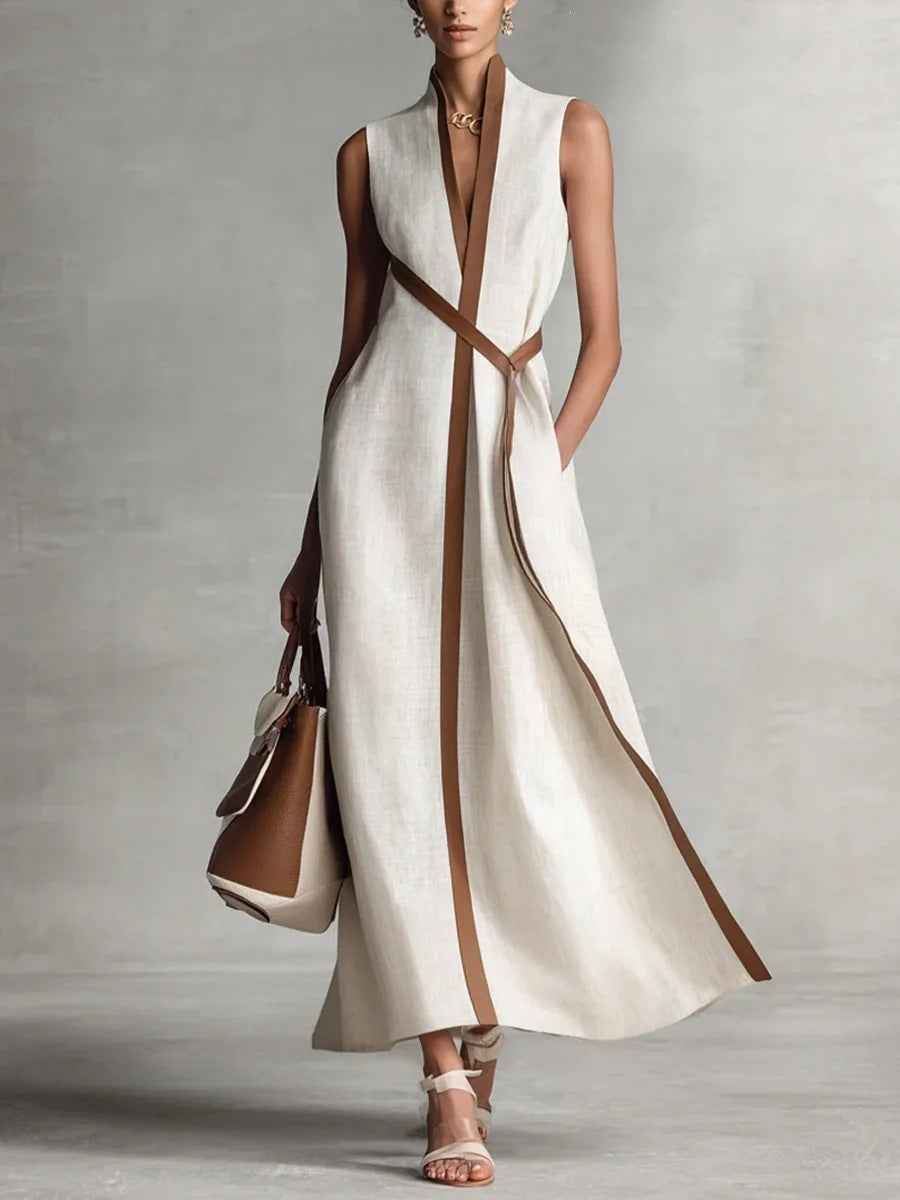 Color Block Sleeveless Stand Collar Linen Blend Dress