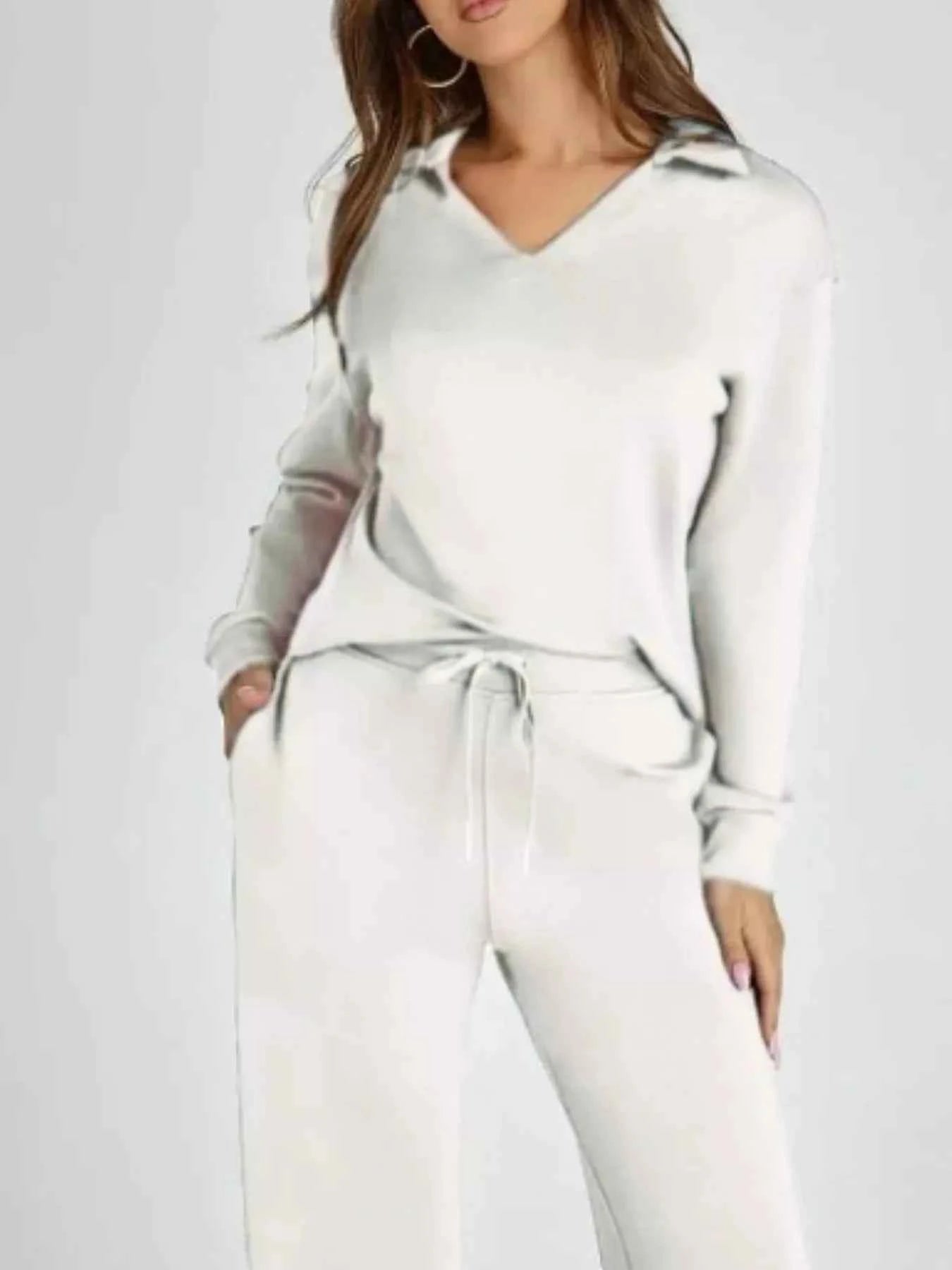 Full Size Johnny Collar Long Sleeve Top and Pants Plus Size