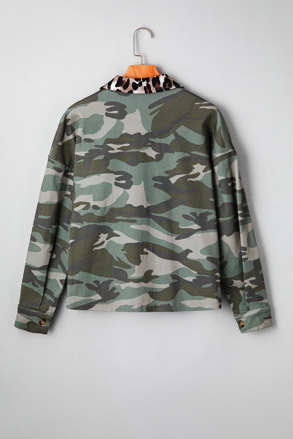 Green Camo Leopard Patchwork Flap Pocket Crop Jacket