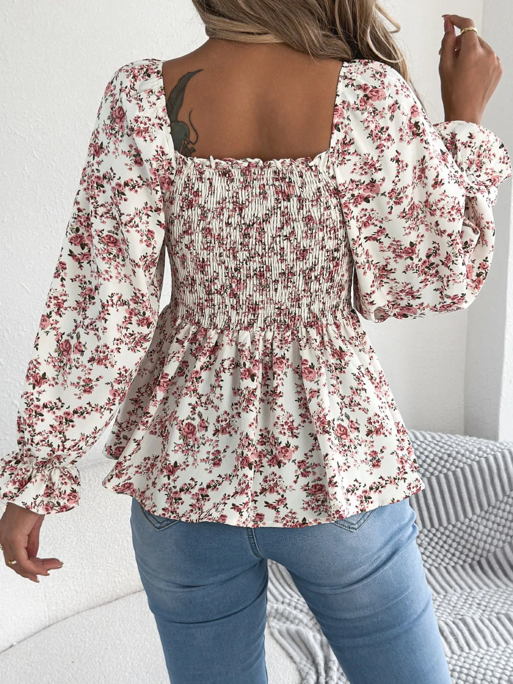 Floral Square Neck Flounce Sleeve Blouse.
