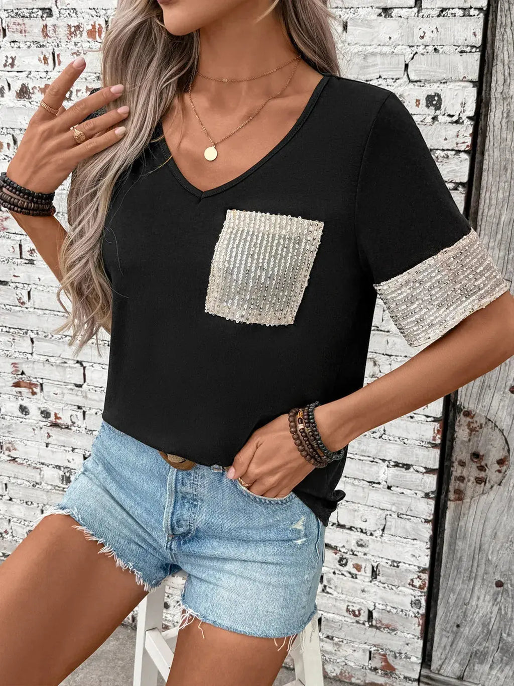 Sequin V-Neck Short Sleeve T-Shirt.