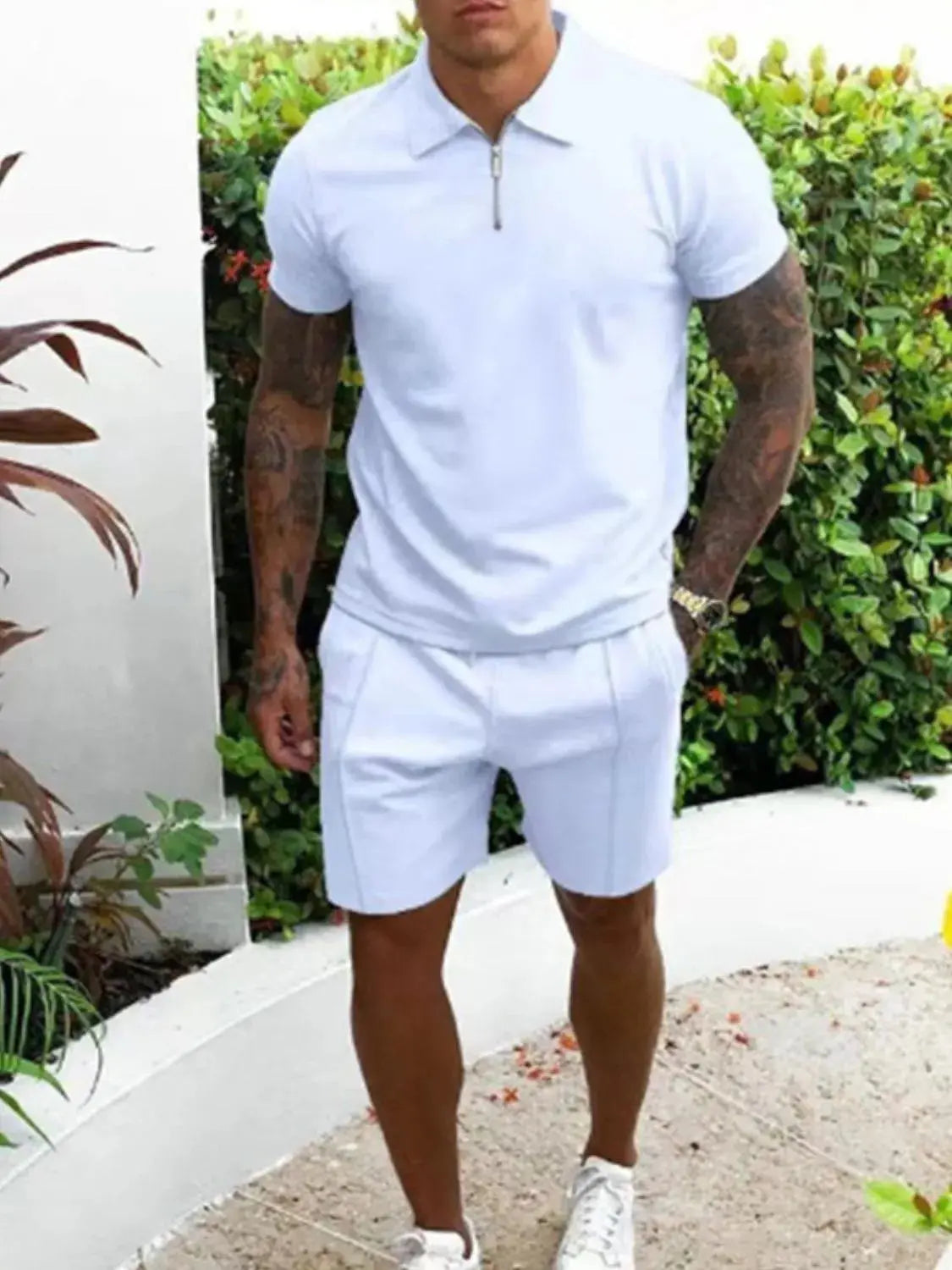 Men's Full Size Collared Neck Short Sleeve Top and Shorts Set Plus Size.