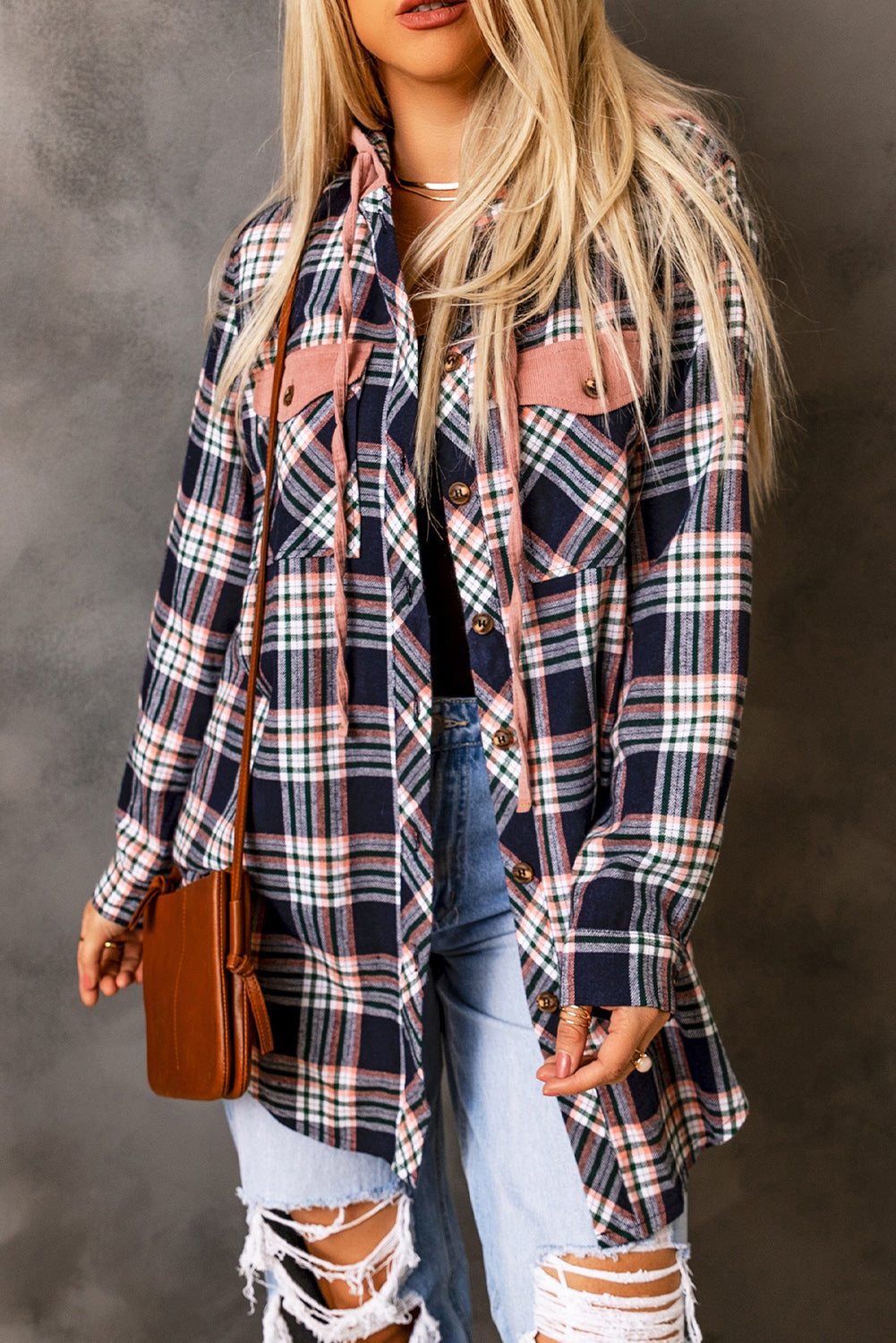 Pink Contrast Hooded Drawstring Plaid Shacket Dear-Lover Dropshipping