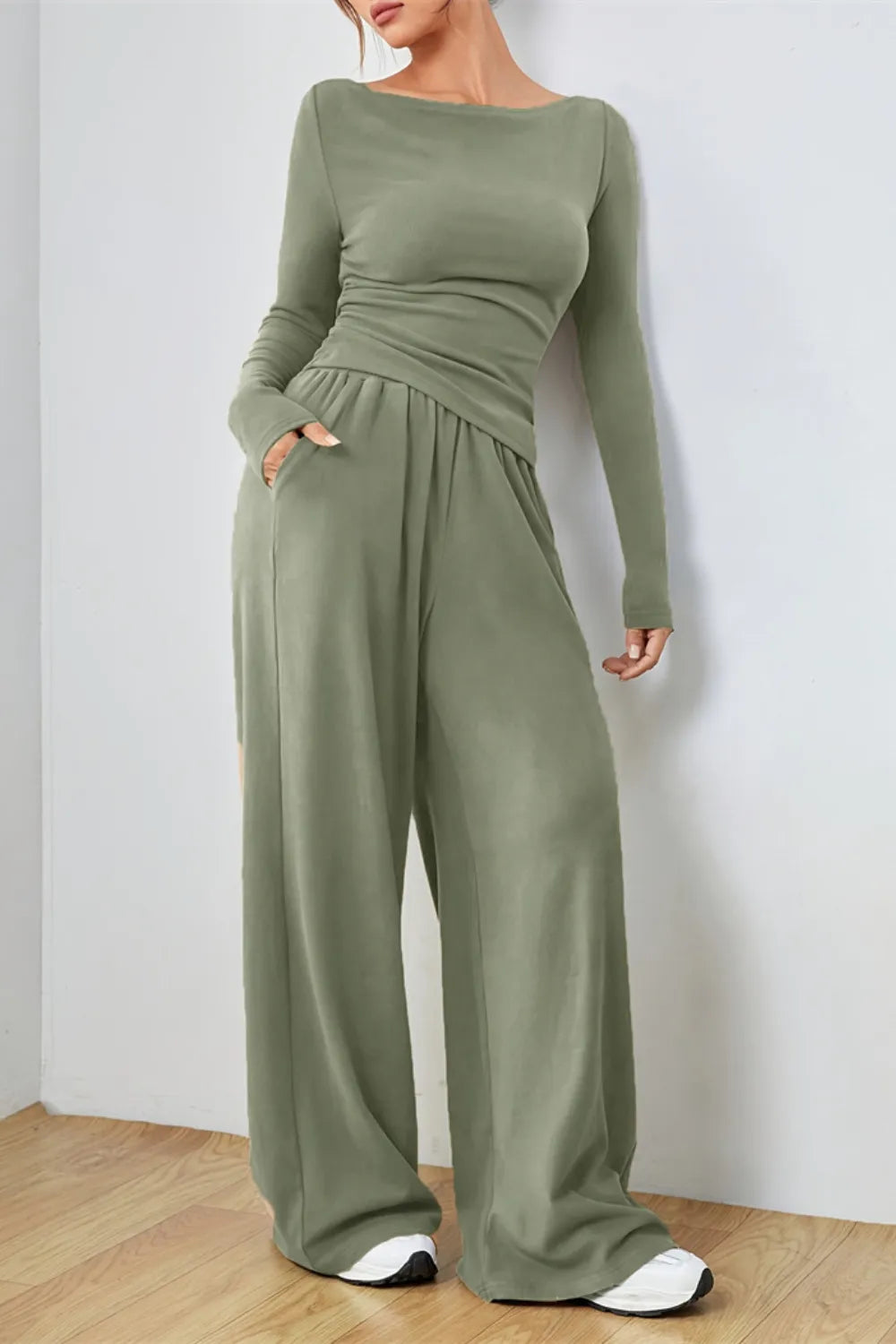 Boat Neck Long Sleeve Top and Pants Set.