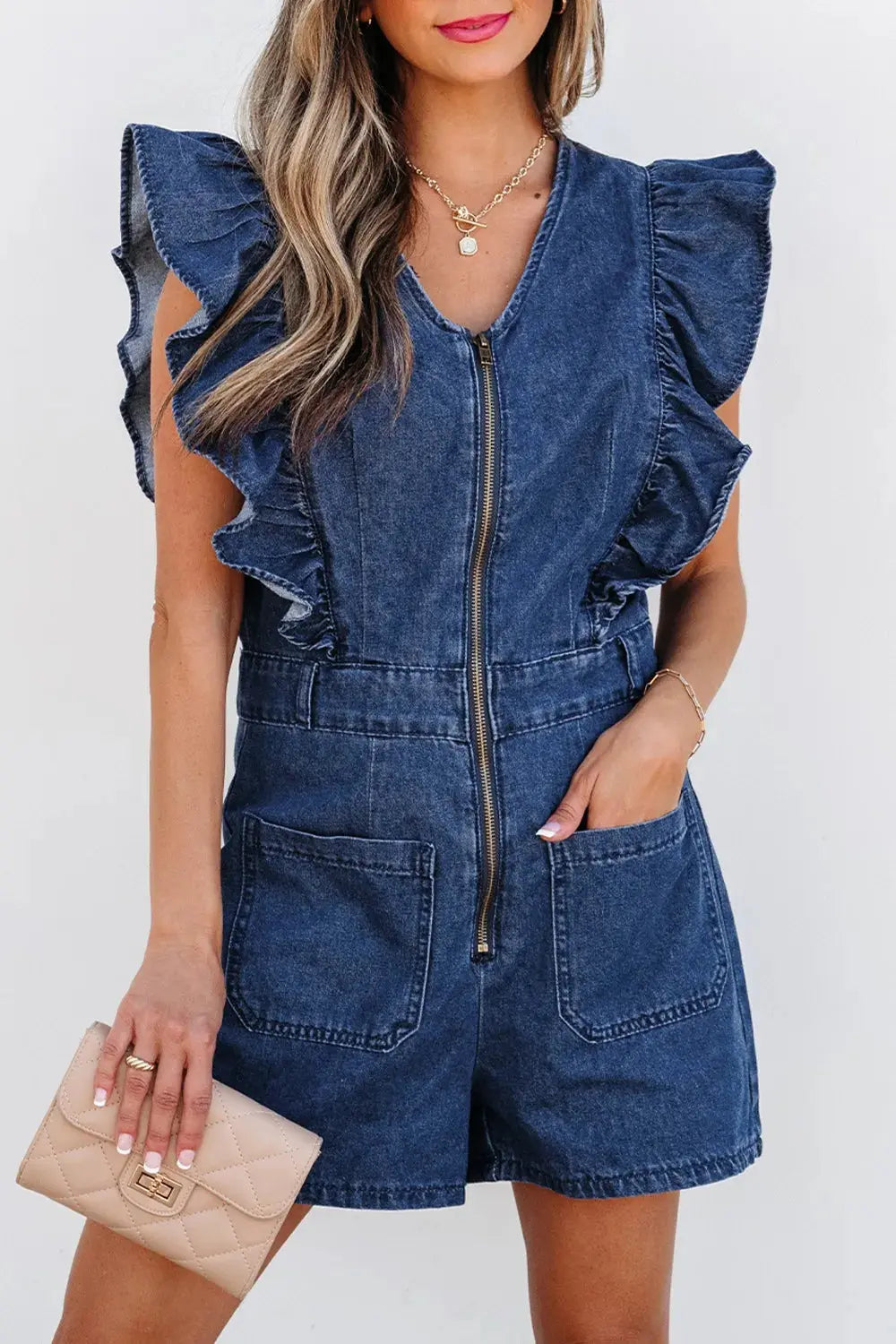 Denim Ruffled Zipped Front Belted Romper.