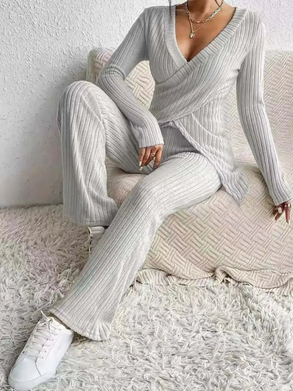 Surplice Long Sleeve Top and Pants Set.