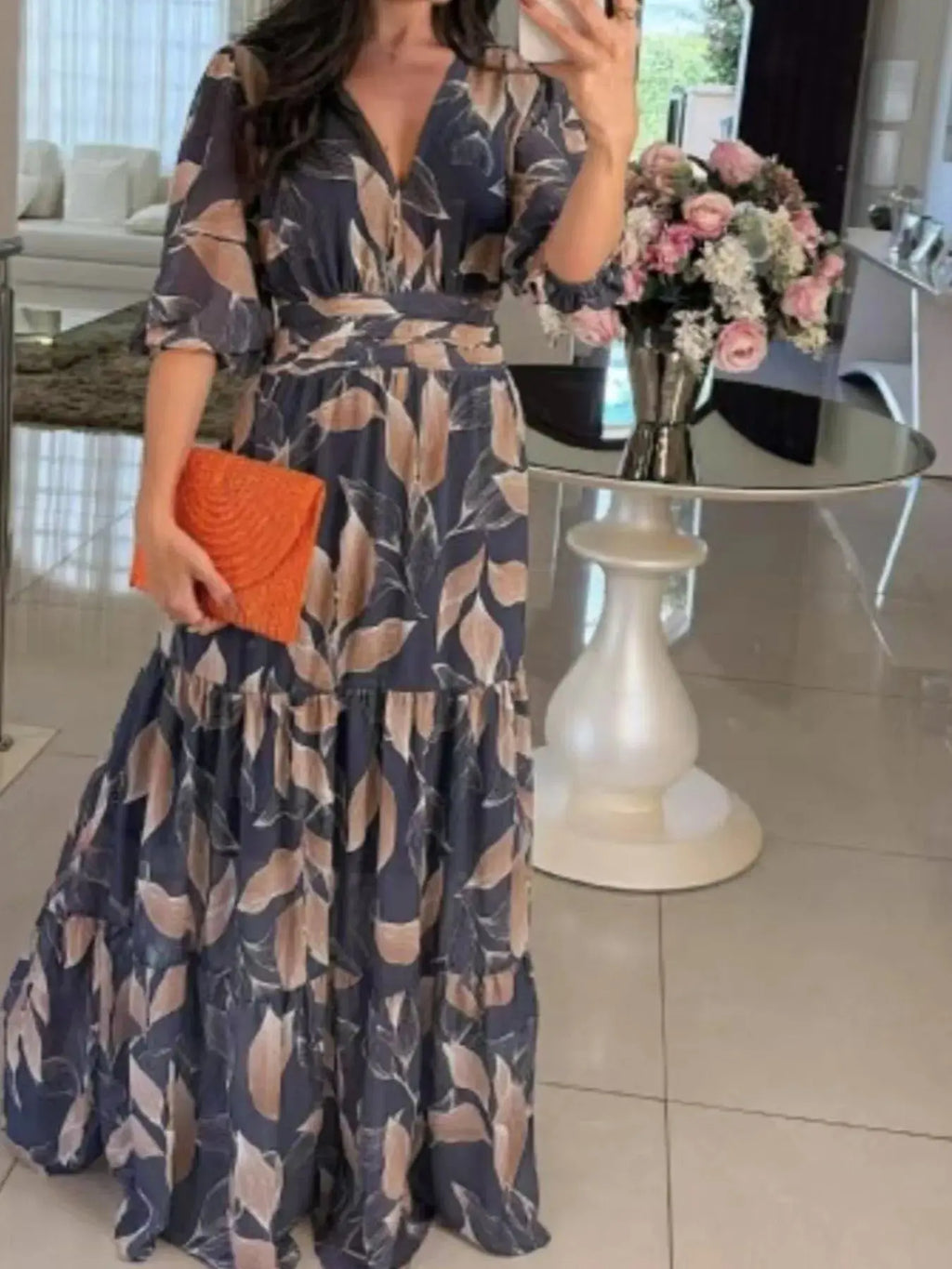 Full Size Printed V-Neck Maxi Dress with Tiered Hemline Plus Size.