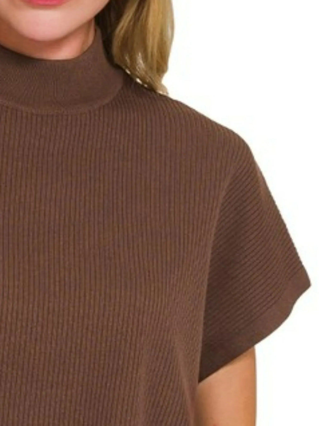Zenana Viscose Mock Neck Short Sleeve Boxy Sweater.