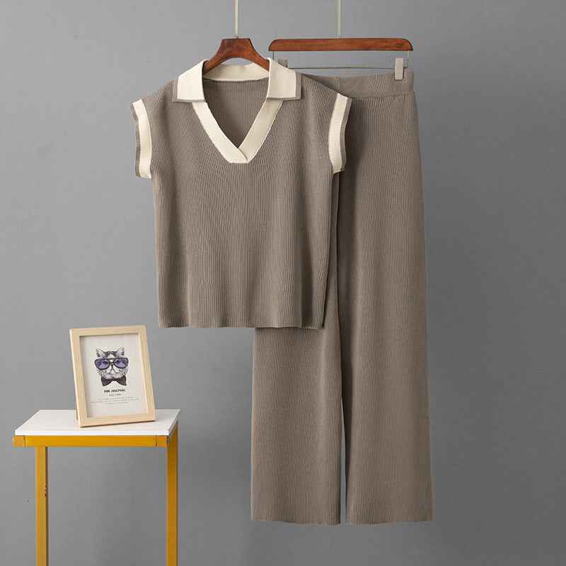 Solid Color Loose Sleeveless Knit Top + Sporty Fitted Wide-Leg Pants Two-Piece Set for Women