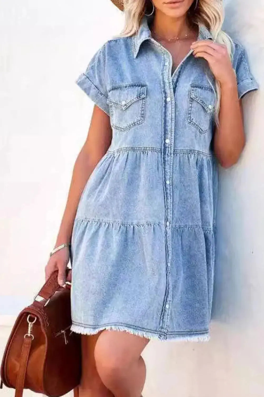 Front Button Down Denim Mini Dress.