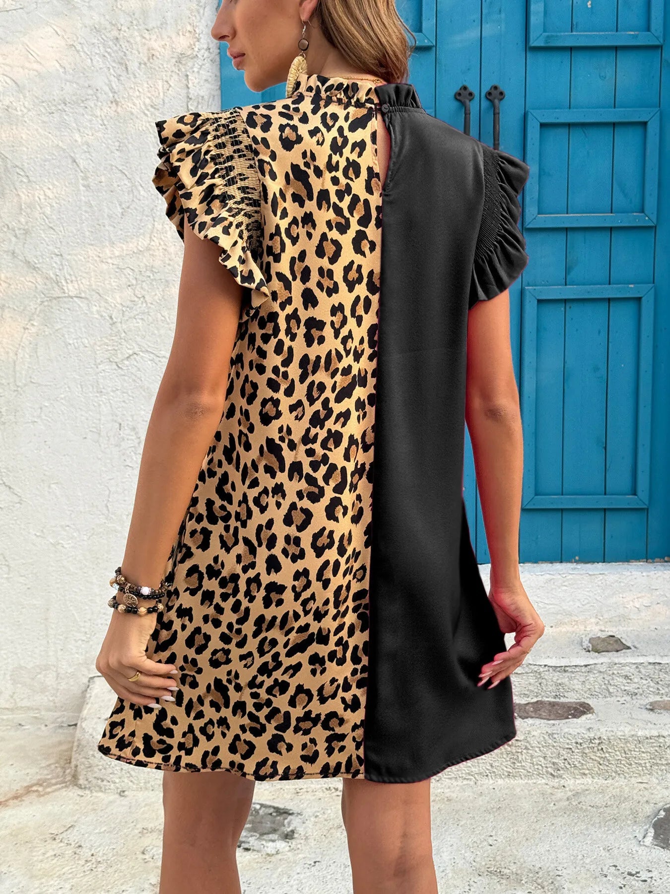 Leopard Color Block Ruffle Sleeve Dress.