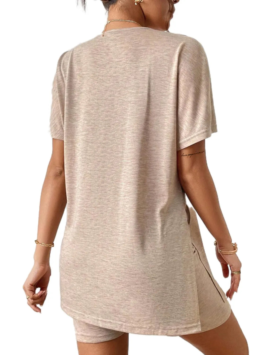 Slit Round Neck Short Sleeve Oversized Top and Shorts Set.