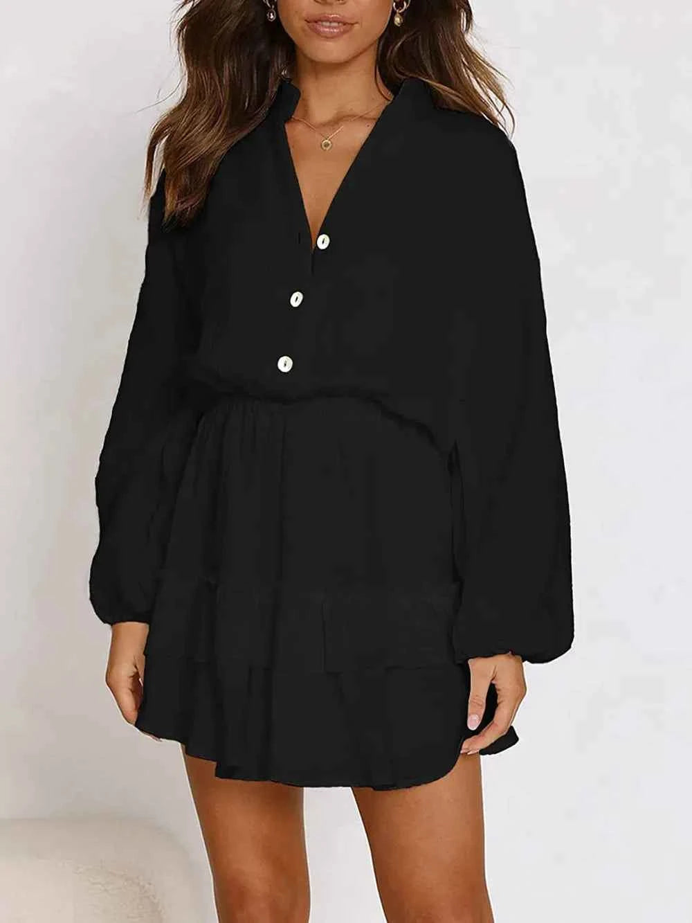 Ruffled Notched Balloon Sleeve Mini Dress.