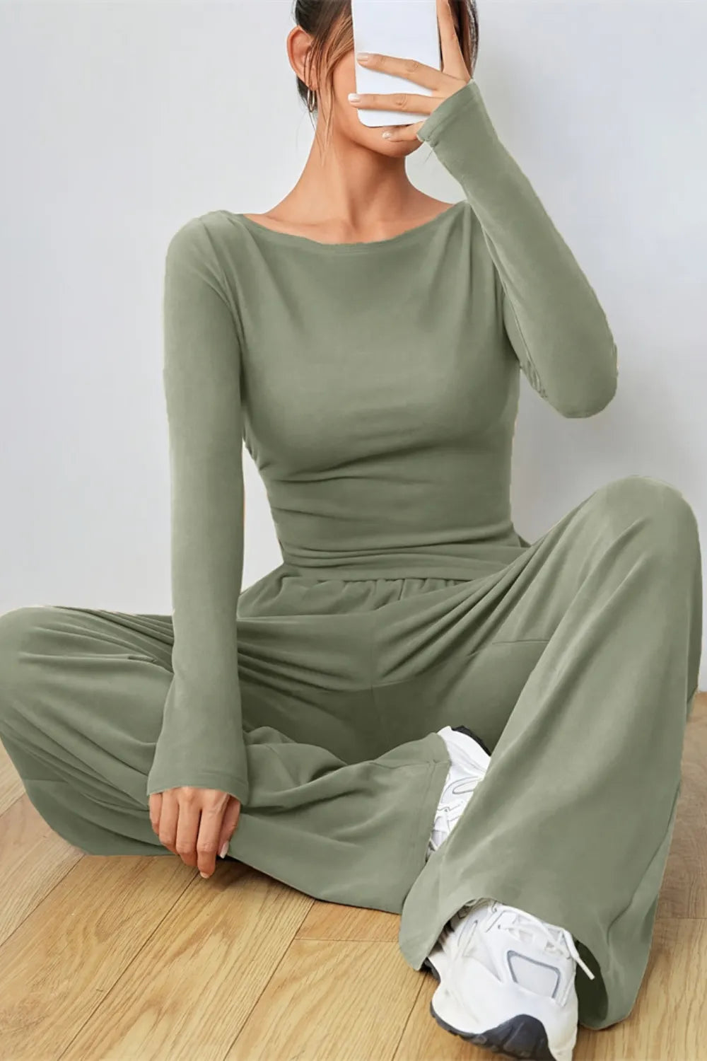 Boat Neck Long Sleeve Top and Pants Set.