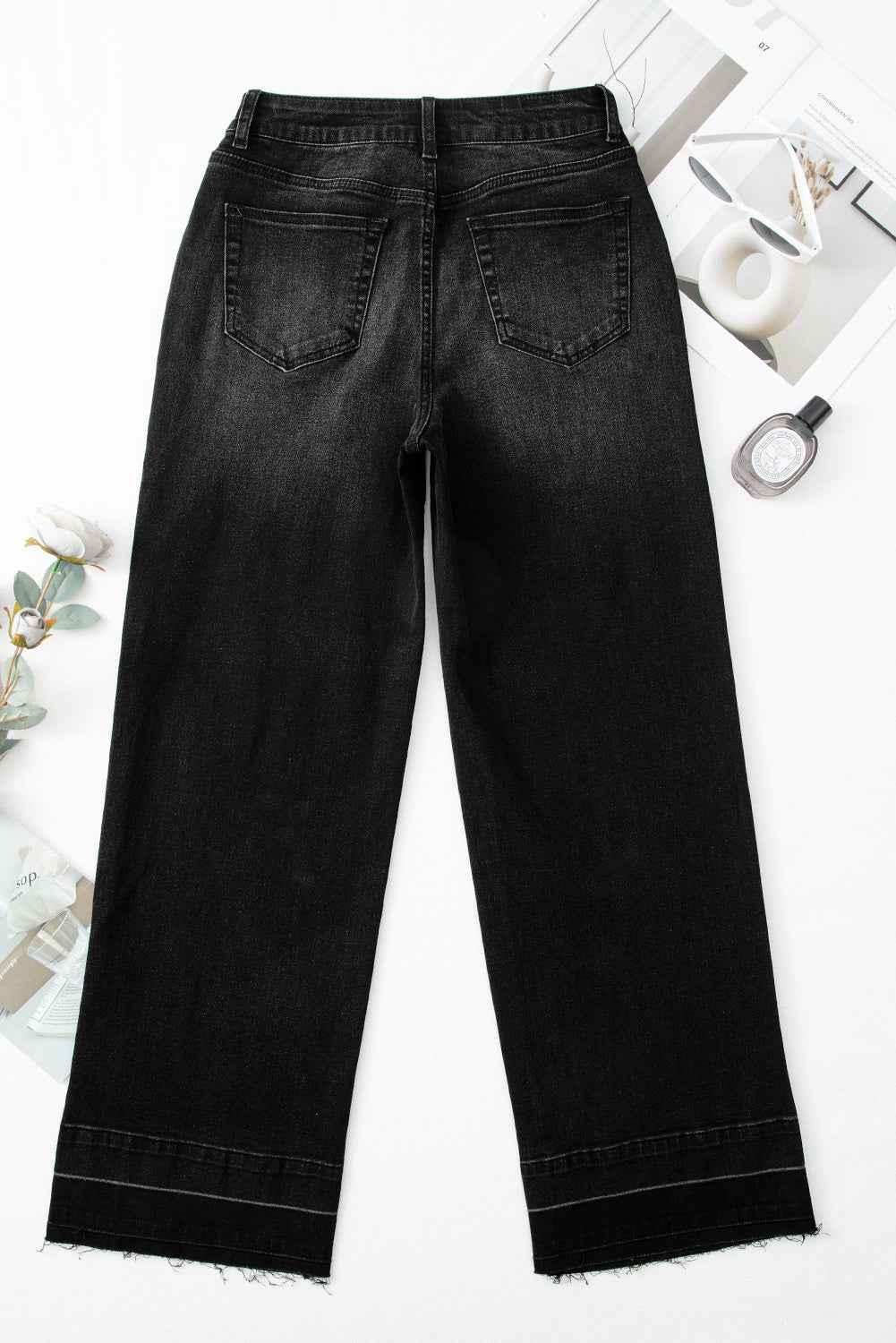 Black Raw Hem Unique Cuffs Straight High Rise Loose Jeans