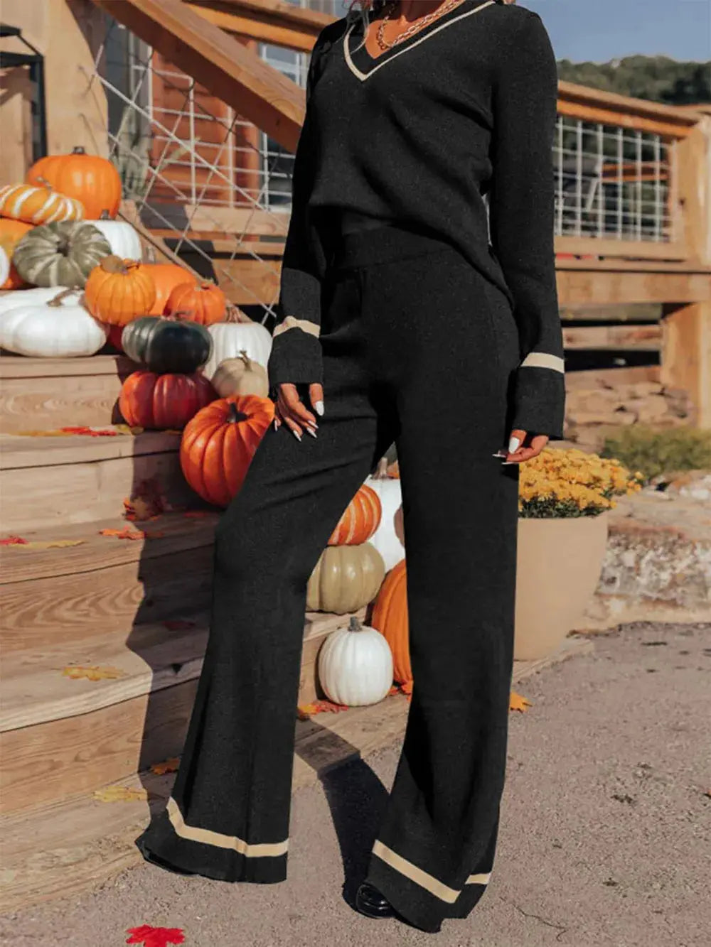 Perfee V-Neck Long Sleeve Top and Pants Set.